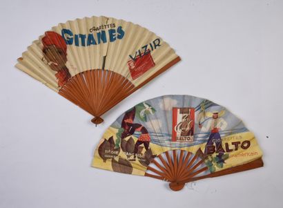 null TOBACCO - Two folded fans for two brands of cigarettes, one decorated with a...