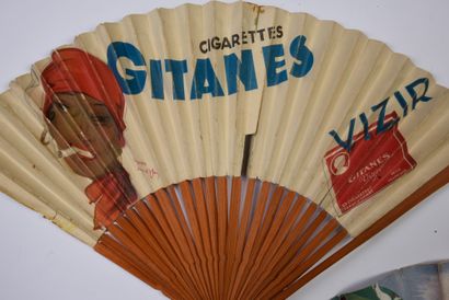 null TOBACCO - Two folded fans for two brands of cigarettes, one decorated with a...