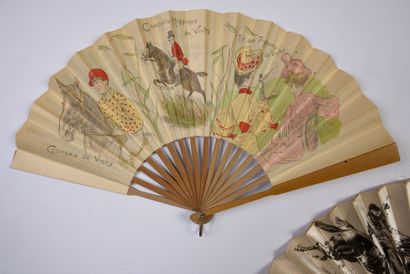 null SPORTS - Two folded fans for horse racing, one, the double paper leaf, decorated...