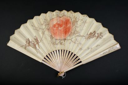 null SOUVENIR - Folded fan, circa 1889, the double sheet of printed paper decorated...