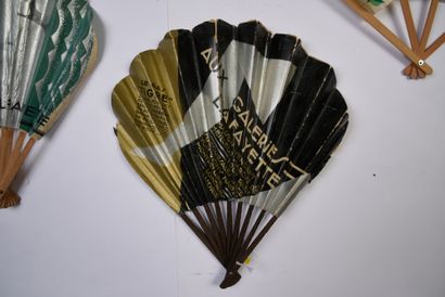 null GRAND MAGASINS - Set of three fans, two balloon-shaped, one decorated with stylized...