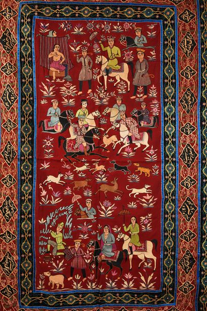 null Pair of embroidered drapes, Iran, modern Qajar style work, twill of chocolate...