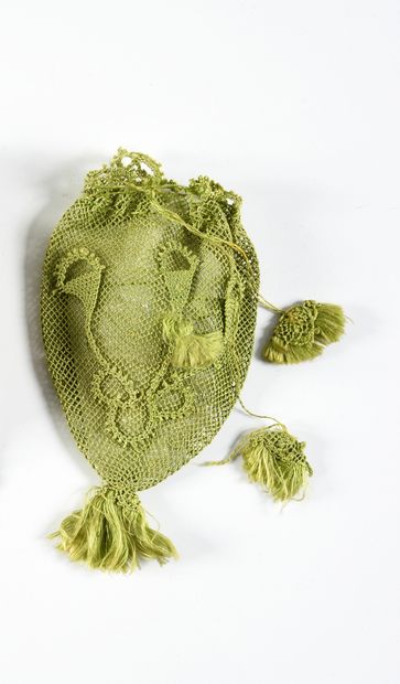 null Bibila lace bibila purse, 19th century, square bobbin lace in green silk applied...