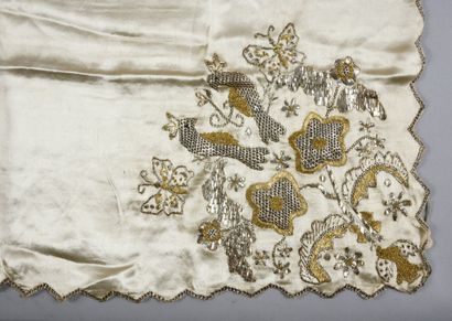 null Square bridal shawl, Tunisia, mid 20th century, cream satin, embroidery with...