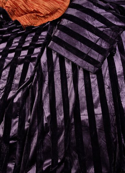 null Pair of striped velvet curtains, purple velvet lined in orange and gold changing...