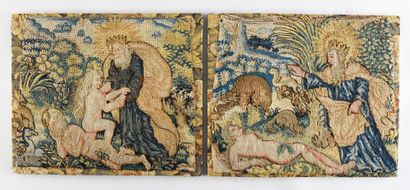 null Adam and Eve in the Garden of Eden, two tableautins in petit point tapestry,...