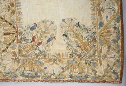 null Embroidered shawl, Turkey, circa 1900, carpet made of sewn panels of cream linen...