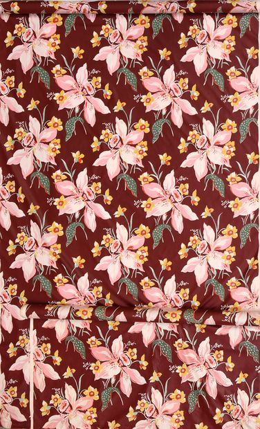 null Métrage de chintz, circa 1950-1960, plate print on percale; orchids and daffodils...