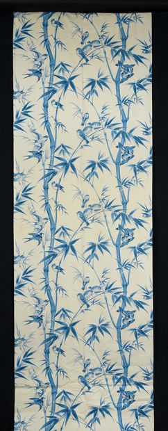 null Printed canvas and velvet, late 19th-early 20th century, blue monochrome print...