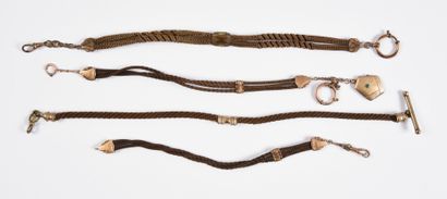 null Four watch chains made of braided hair, 19th and early 20th century, chestnut...