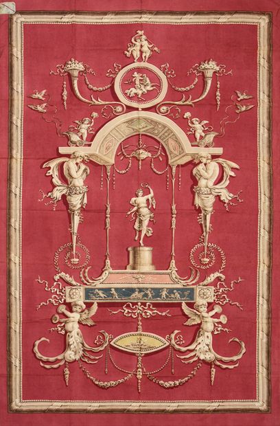 null Printed canvas curtain panel, Louis XVI style, circa 1930, polychrome wood plank...