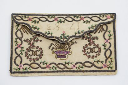 null Embroidered flap pouch, dated 1783, wholesale pouch of Tours cream embroidered...