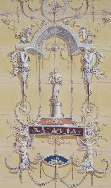 null Printed canvas curtain panel, Louis XVI style, circa 1930, wood-board print...