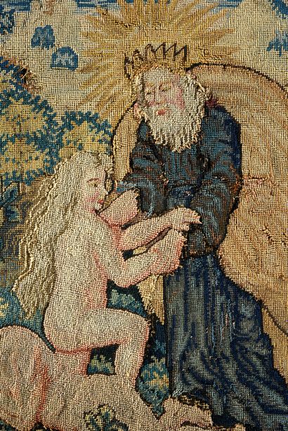 null Adam and Eve in the Garden of Eden, two tableautins in petit point tapestry,...