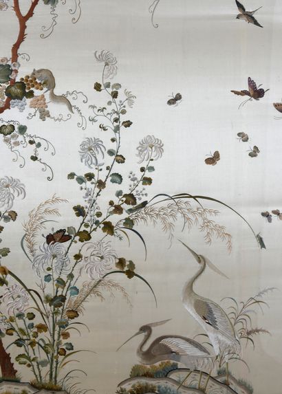 null Two large embroidered panels, Japan, circa 1900, vividly embroidered cream silk...