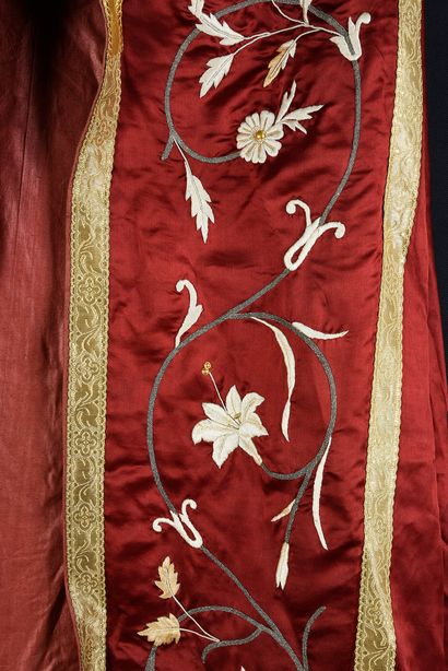null Screed, circa 1900, wine silk satin embroidered in cream and sand silk guipure...