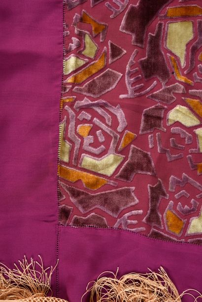 null Crepe stole, circa 1930, purple silk crepe with cut velvet decoration and very...
