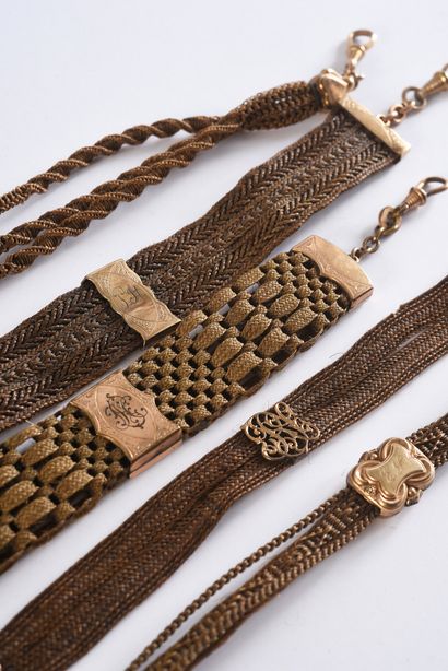 null Cinq chaînes de montre en cheveux tressés, seconde moitié du XIXe siècle, cheveux...