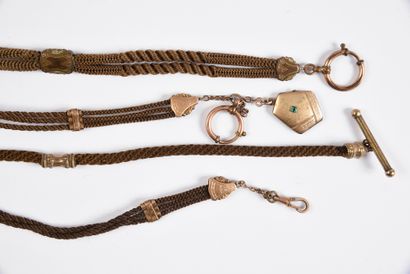 null Four watch chains made of braided hair, 19th and early 20th century, chestnut...