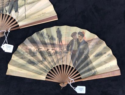 null PRESS - Two printed paper advertising fans, each decorated with a peasant couple...