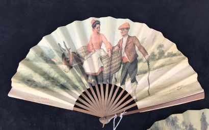 null PRESS - Two printed paper advertising fans, each decorated with a peasant couple...