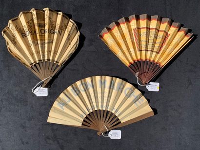 null LARGE STORES - Three folded fans, one of which is decorated with stylised flowers...