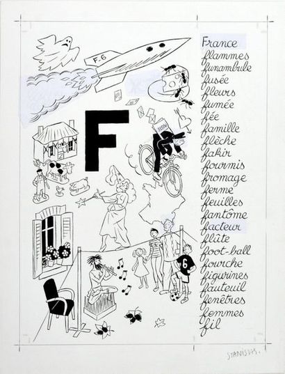 STANISLAS (Stanislas Barthelemy, 1961) 
La lettre F 
Page issue de l'Abécédaire illustré,...