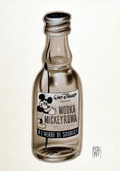 BEB DEUM (Bertrand Demey, 1960) 
Mickey Vodka 
Encre de Chine et lavis sur papier....