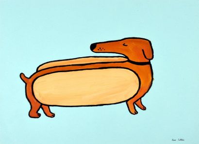 JULLIEN, Jean (1983) 
Le Chien Hot Dog.
Acrylique sur papier bleu. 
Dimensions :...