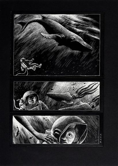 OTT, Thomas (1966) 
Le Monde sous marin
Carte à gratter, 3 strips montés, travail...