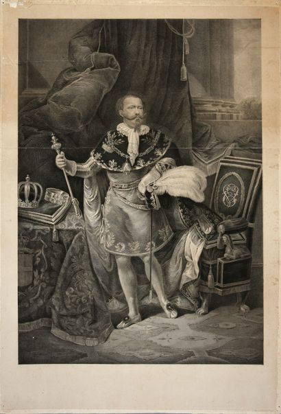 Ecole Italienne du XIXe siècle. Portrait du roi Victor-Emanuele II en tenue de sacre...
