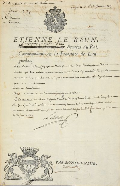 null ROYAL AND MILITARY ORDERS]. 
 Set of 11 signed autograph pieces, folio format,...