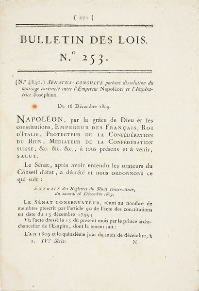 null DIVORCE OF EMPEROR NAPOLEON.
Bulletin des Lois, copy n°253, relative to the...