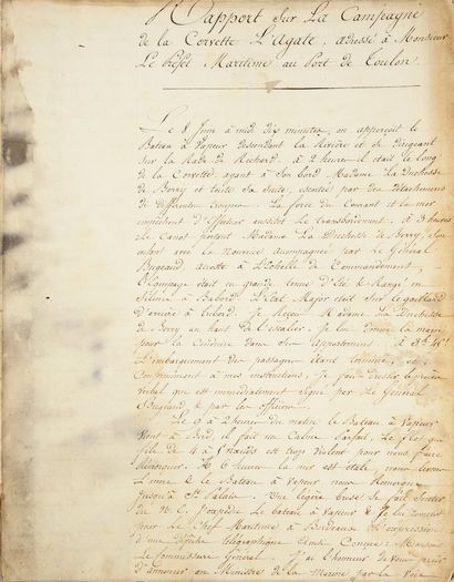 null VOYAGE DE LA DUCHESSE DE BERRY.
Rapport manuscrit de sept pages signé Turpin,...