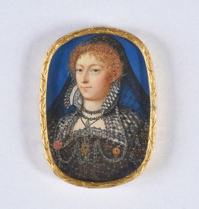 OLIVIER ISAAC (1565-1617). Portrait de la reine Élisabeth Ire d'Angleterre (1533-1603).
Miniature...