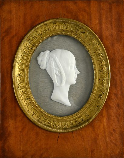 HÉLÈNE DUCHESSE D'ORLÉANS, (1814-1858). A natural wood frame containing under a curved...