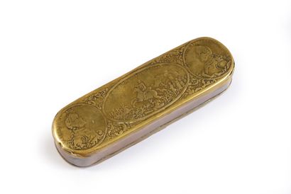 null LARGE TABATIERE.
In gilt brass, oval shape, hinged lid with battle decoration,...