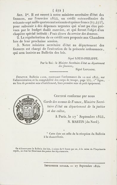null TOMBEAU DE L'EMPEREUR NAPOLÉON.
Bulletin des Lois, exemplaire n°1136, relatif...
