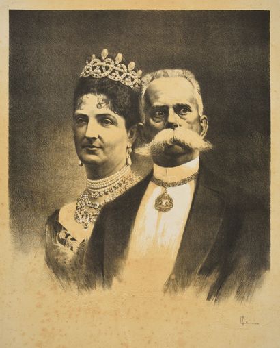 Ecole Italienne du XIXe siècle. Portrait du roi Humberto Ier d'Italie et de son épouse,...