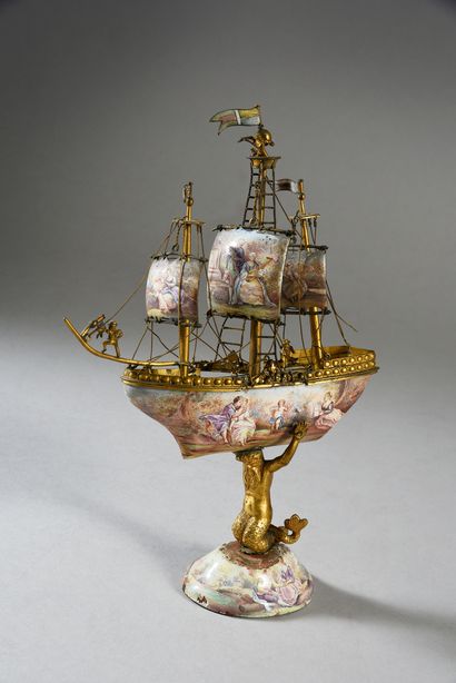 null * MINIATURE GALION WITH THREE MASTS, VIENNA, circa 1900.
In polychrome enamels...