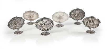 null SET OF SIX MENU HOLDERS. 
 In silver plated metal, with embossed and chased...