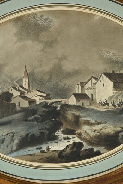 BELLANGER Louis (1736-1816). A military regiment passing through a mountain village.
Oval...