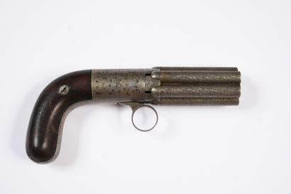 null PEPPERBOX WITH SIX REVOLVING BARRELS. 
 Carcass engraved with foliage. Good...