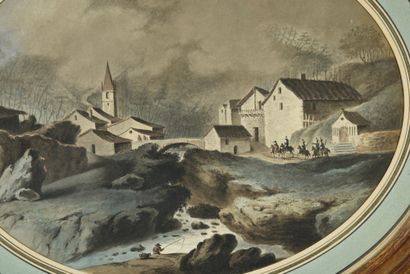 BELLANGER Louis (1736-1816). A military regiment passing through a mountain village.
Oval...