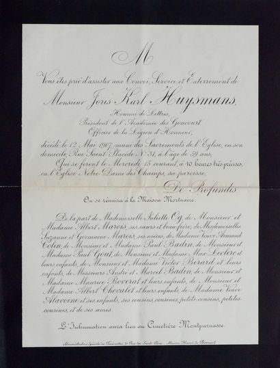 [HUYSMANS, Joris-Karl]. Set of 2 documents relating to the burial of Huysmans:
Original...