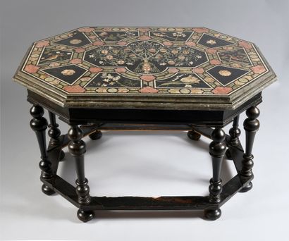 null Exceptional octagonal table top in grey marble and slate with scagliola decoration,...
