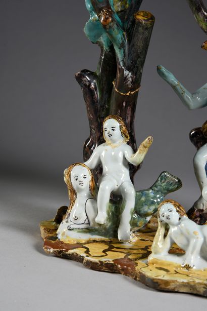 ALLEMAGNE ?, XVIIIe siècle 
Groupe en faïence représentant Orphée assis sur un tronc...