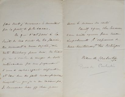 COUBERTIN, Pierre de. L.A.S. Cavalaire, 25 février 1907. 3 pp. in-8. Encre brune...