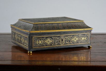 null Rare marquetry doucine box. Copper ball on an ebony base, the lid with a motif...