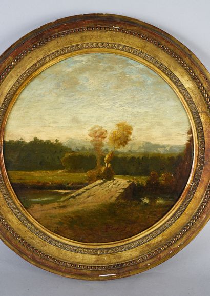 Jean-Baptiste CARPEAUX (1827-1875) 
Paysage boisé avec pont et cours d'eau
Huile...